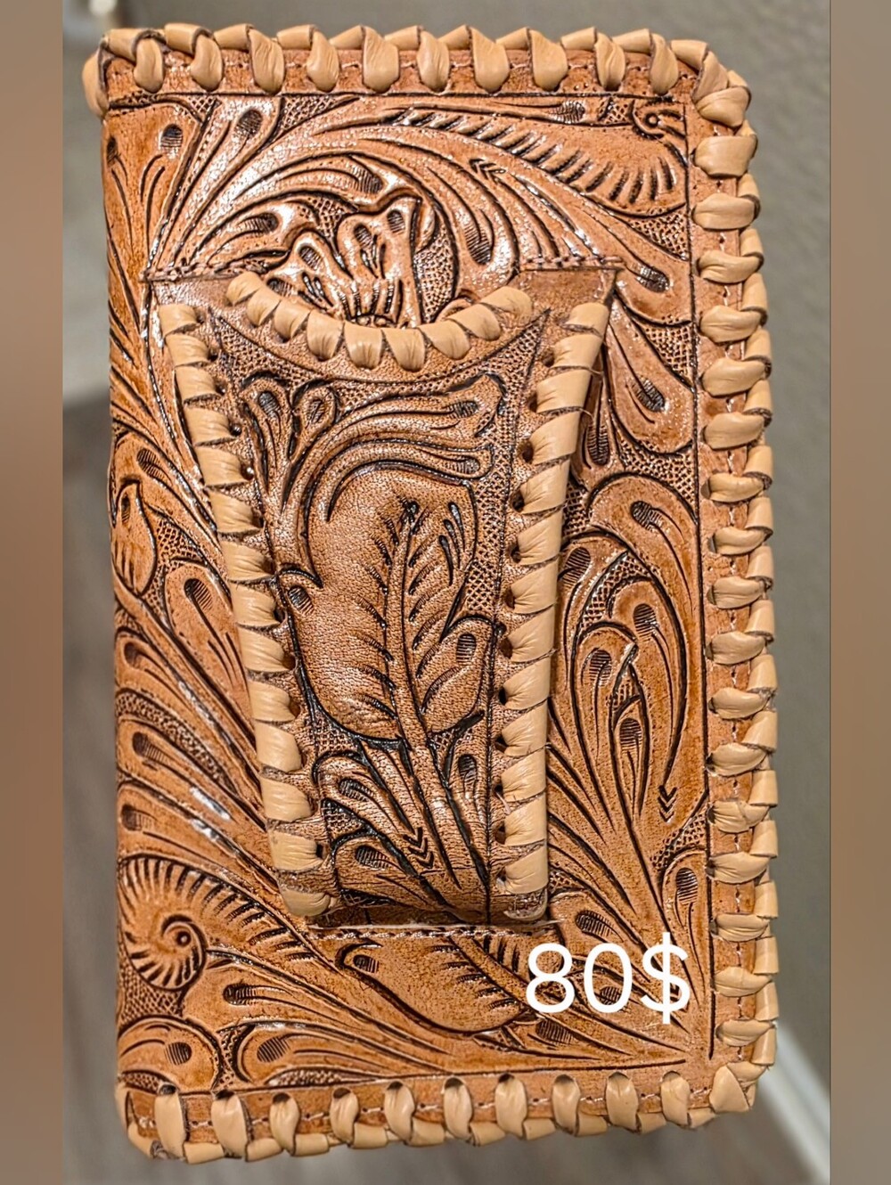 Hand-Tooled Tan Leather Wallet/crossbody - Classic Western Style